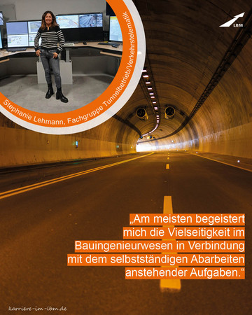 Oben links befindet sich ein Bild der Ingenieurin und unten rechts ein Zitat. Im Hintergrund ist ein Tunnel zu sehen.