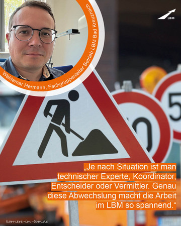 Oben links befindet sich ein Bild des Ingenieurs und unten rechts ein Zitat. Im Hintergrund sind Verkehrsschilder zu sehen. 