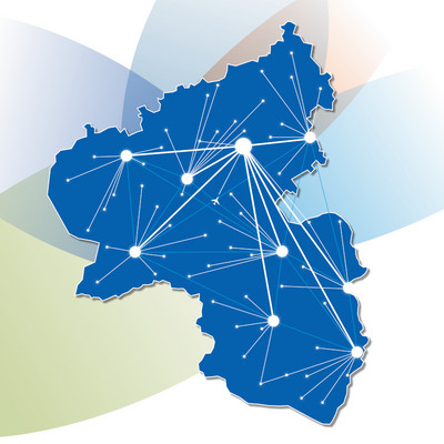 Karte von Rheinland-Pfalz in dunkelblau, LBM-Standorte sind als weiße Punkte eingetragen: Straßenmeistereien haben eine Verbindungslinie zu der zugehörigen regionalen Dienststelle, diese wiederum eine Verbindungslinie zur LBM-Zentrale in Koblenz.