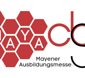 Logo der Mayener Ausbildungsmesse, weißer Hintergrund rote Waben mit der Inschrift MAYA, außerdem das Logo der Berufsschule Mayen integriert