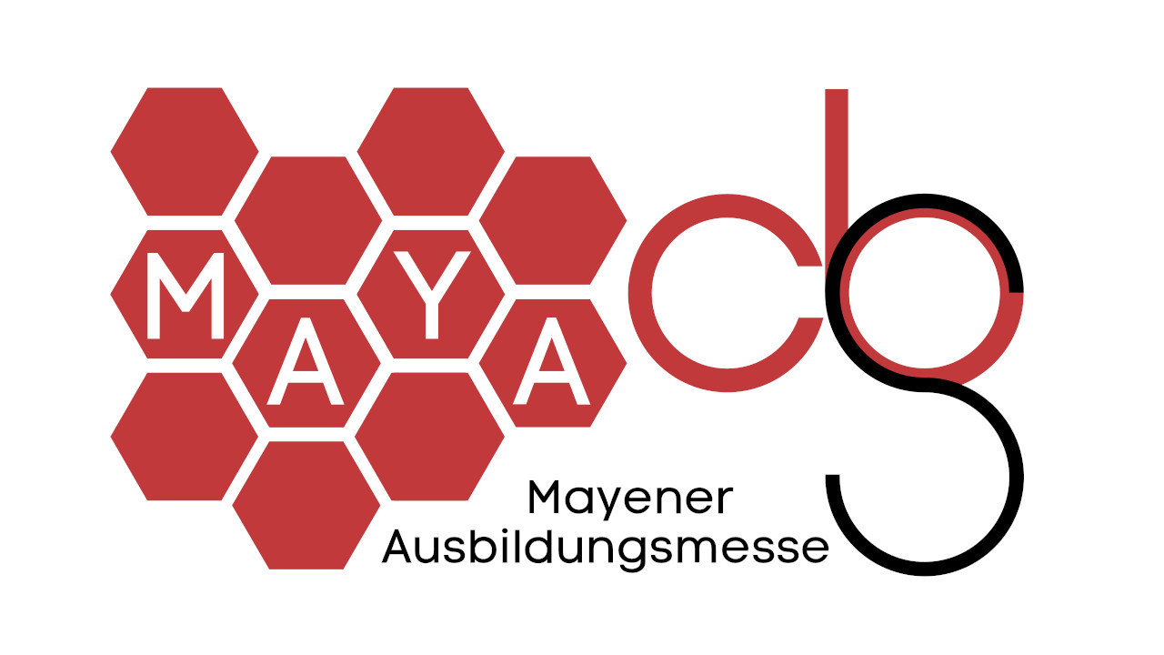 Logo der Mayener Ausbildungsmesse, weißer Hintergrund rote Waben mit der Inschrift MAYA, außerdem das Logo der Berufsschule Mayen integriert